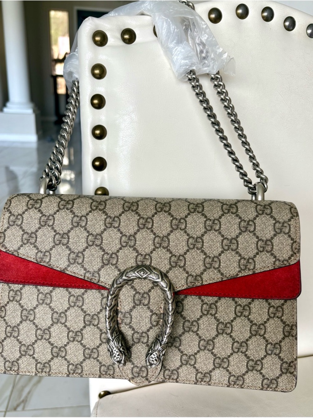 CERTIFIED GUCCI Dionysus Beige GG Supreme Canvas Shoulder Bag Red Suede Stripe !